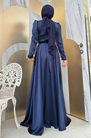 Taşlı Kemer Akseuarlı Saten Abiye Elbise 3863 Lacivert