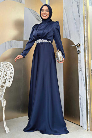 Taşlı Kemer Akseuarlı Saten Abiye Elbise 3863 Lacivert