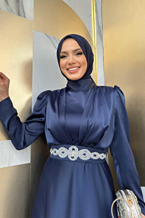 Taşlı Kemer Akseuarlı Saten Abiye Elbise 3863 Lacivert