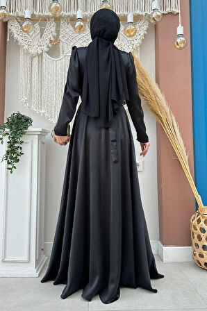 Taşlı Kemer Akseuarlı Saten Abiye Elbise 3863 Siyah