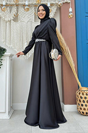 Taşlı Kemer Akseuarlı Saten Abiye Elbise 3863 Siyah