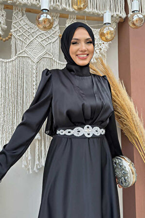 Taşlı Kemer Akseuarlı Saten Abiye Elbise 3863 Siyah