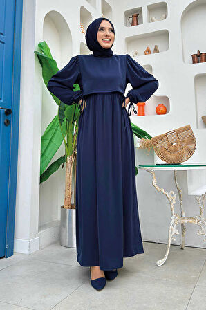 Çift Katlı Bağlama Detay Elbise 6003 Lacivert