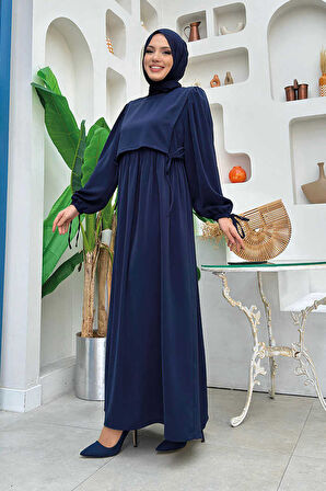 Çift Katlı Bağlama Detay Elbise 6003 Lacivert