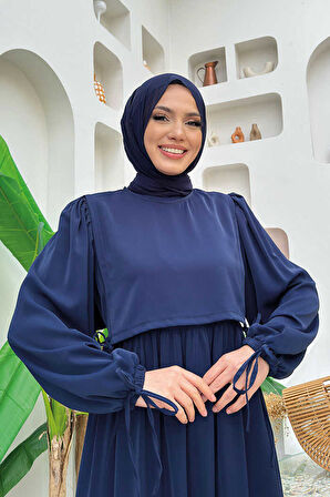 Çift Katlı Bağlama Detay Elbise 6003 Lacivert