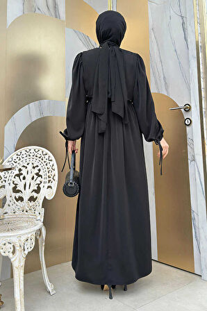 Çift Katlı Bağlama Detay Elbise 6003 Siyah