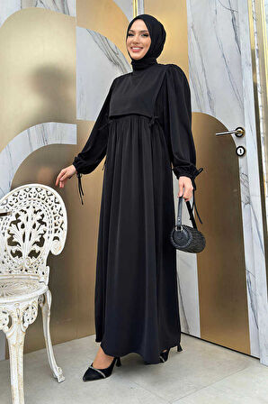 Çift Katlı Bağlama Detay Elbise 6003 Siyah