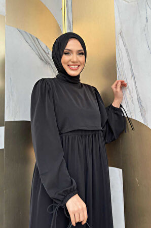 Çift Katlı Bağlama Detay Elbise 6003 Siyah