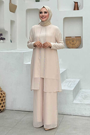 Belirli Kısımları Taş Detaylı Pelerinli İkili Takım 8487 Taş