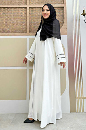 Çizgi Detaylı Boydan Fermuarlı Tam Boy Ferace 6011 Ekru