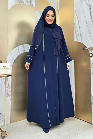 Çizgi Detaylı Boydan Fermuarlı Tam Boy Ferace 6011 Lacivert