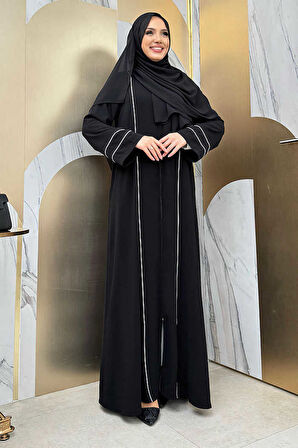 Çizgi Detaylı Boydan Fermuarlı Tam Boy Ferace 6011 Siyah
