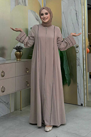 Çizgi Detaylı Boydan Fermuarlı Tam Boy Ferace 6011 Vizon