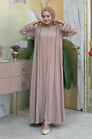 Çizgi Detaylı Boydan Fermuarlı Tam Boy Ferace 6011 Vizon