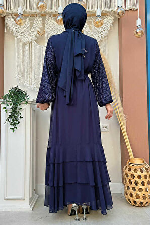 Pulpayet İşlemeli Abaya ve Elbise Takım 8483 Lacivert