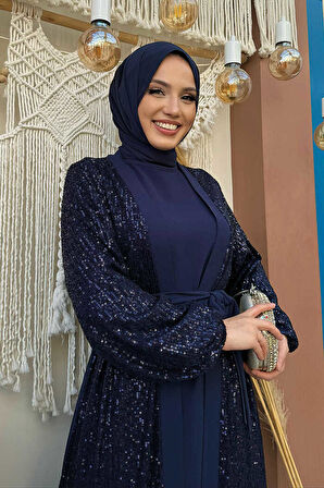 Pulpayet İşlemeli Abaya ve Elbise Takım 8483 Lacivert