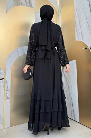 Pulpayet İşlemeli Abaya ve Elbise Takım 8483 Siyah