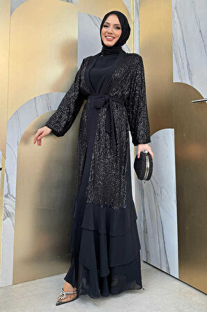 Pulpayet İşlemeli Abaya ve Elbise Takım 8483 Siyah