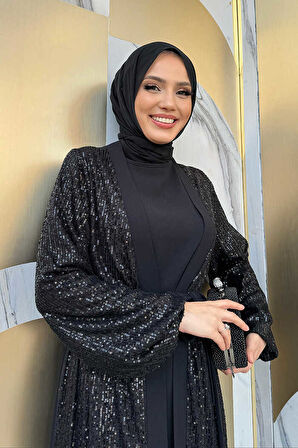 Pulpayet İşlemeli Abaya ve Elbise Takım 8483 Siyah
