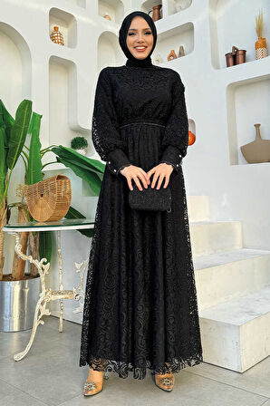 Güpür Dantel Görünümlü Astarlı Elbise 3867 Siyah