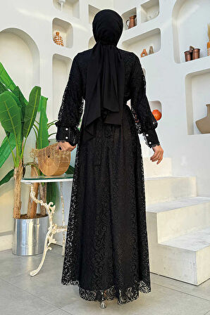 Güpür Dantel Görünümlü Astarlı Elbise 3867 Siyah