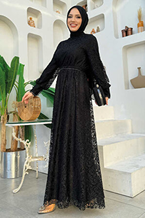 Güpür Dantel Görünümlü Astarlı Elbise 3867 Siyah