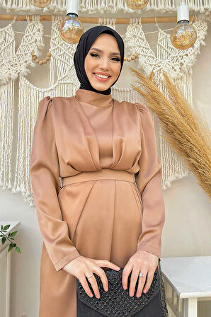 Etek Püskül Detay Kemer Aksesuarlı Saten Abiye Elbise 3763 Taba