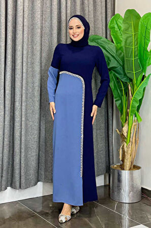 İki Renkli İnci Detaylı Elbise 3865 Lacivert
