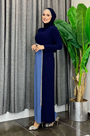 İki Renkli İnci Detaylı Elbise 3865 Lacivert