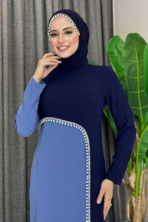 İki Renkli İnci Detaylı Elbise 3865 Lacivert