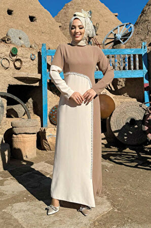 İki Renkli İnci Detaylı Elbise 3865 Vizon