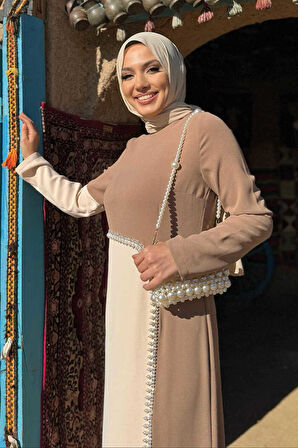 İki Renkli İnci Detaylı Elbise 3865 Vizon