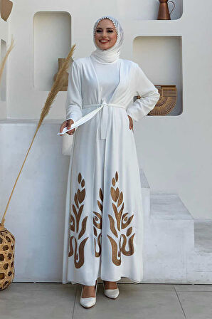 Etek Kısmı Desenli Elbiseli Abaya Takım 8495 Ekru