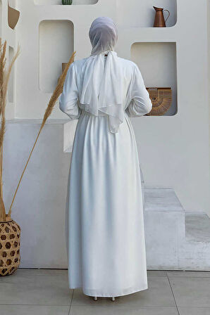 Etek Kısmı Desenli Elbiseli Abaya Takım 8495 Ekru