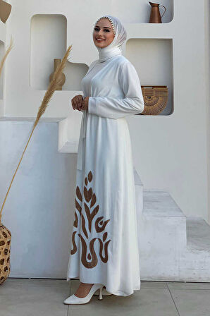 Etek Kısmı Desenli Elbiseli Abaya Takım 8495 Ekru
