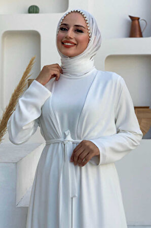 Etek Kısmı Desenli Elbiseli Abaya Takım 8495 Ekru