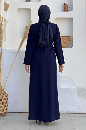 Etek Kısmı Desenli Elbiseli Abaya Takım 8495 Lacivert