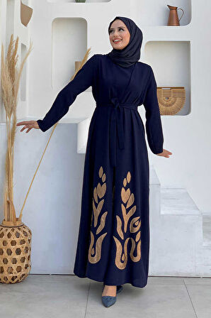 Etek Kısmı Desenli Elbiseli Abaya Takım 8495 Lacivert
