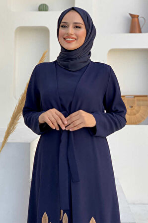 Etek Kısmı Desenli Elbiseli Abaya Takım 8495 Lacivert