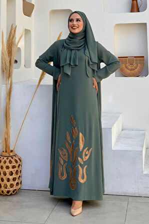 Etek Kısmı Desenli Elbiseli Abaya Takım 8495 Mint