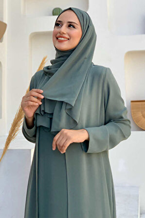 Etek Kısmı Desenli Elbiseli Abaya Takım 8495 Mint