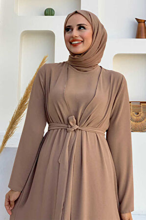 Etek Kısmı Desenli Elbiseli Abaya Takım 8495 Vizon