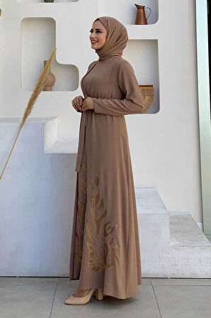 Etek Kısmı Desenli Elbiseli Abaya Takım 8495 Vizon