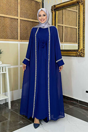 İnci Detaylı Abaya Elbise Takım 8493 Lacivert