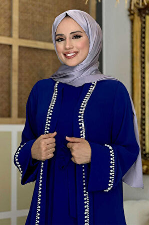 İnci Detaylı Abaya Elbise Takım 8493 Lacivert