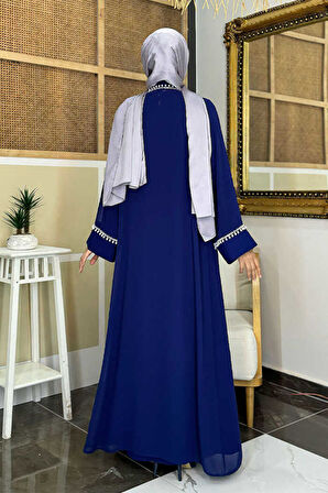 İnci Detaylı Abaya Elbise Takım 8493 Lacivert