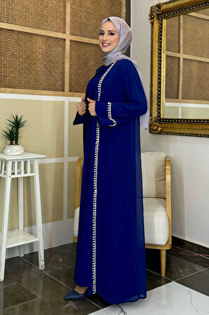İnci Detaylı Abaya Elbise Takım 8493 Lacivert