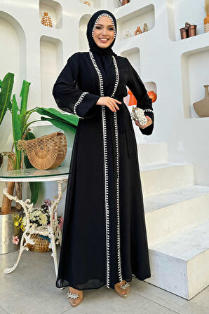 İnci Detaylı Abaya Elbise Takım 8493 Siyah