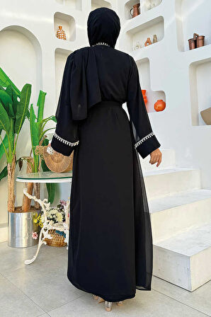 İnci Detaylı Abaya Elbise Takım 8493 Siyah