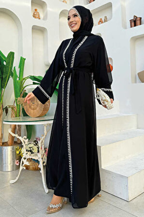 İnci Detaylı Abaya Elbise Takım 8493 Siyah